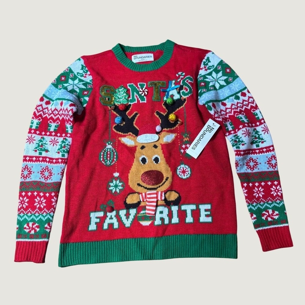 No Boundaries Ugly Christmas Sweater New Red Reindeer Santas Favorite SIZE XXS